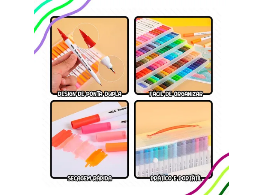 (Transparente) Conjunto de Caneta Colorir Desenhos Ponta Dupla 2 Traços 80 Unidades - Com maletinha