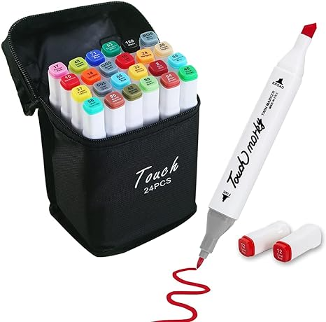 Conjunto de Caneta Colorida Ponta Dupla 24Pçs com Estojo (Versão Pretas ou Brancas)