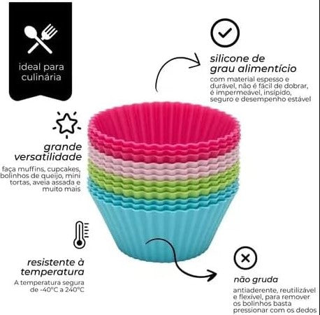 Conjunto de 12 Formas Silicone Mini Cupcake Bolo Muffin pão de queijo Assadeira Airfryer Forno Forninho - BM-F956