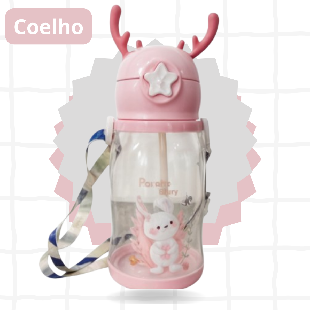 Coelho ou Pónei - Garrafa Infantil Portátil com Desenho Tampa com Canudo e Alça Lateral - (Feminino)