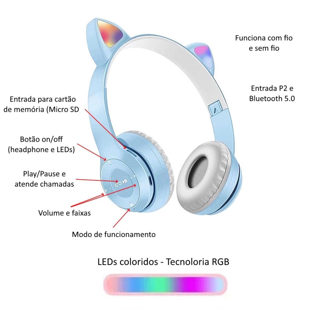 (Cores Sortidas) - FONE GATINHO - Fone de Ouvido Sem Fio com Microfone e Design de Orelhas de Gatinho LED