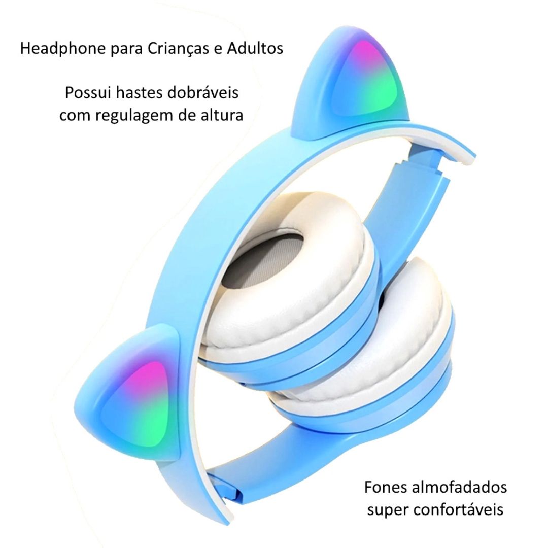 (Cores Sortidas) - FONE GATINHO - Fone de Ouvido Sem Fio com Microfone e Design de Orelhas de Gatinho LED