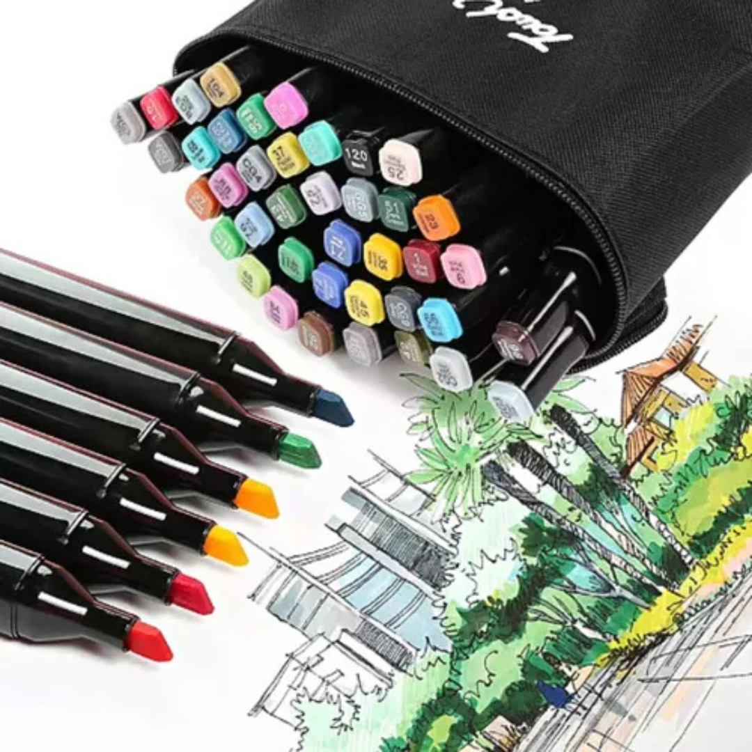 Conjunto de Caneta Colorida Ponta Dupla 24Pçs com Estojo (Versão Pretas ou Brancas)