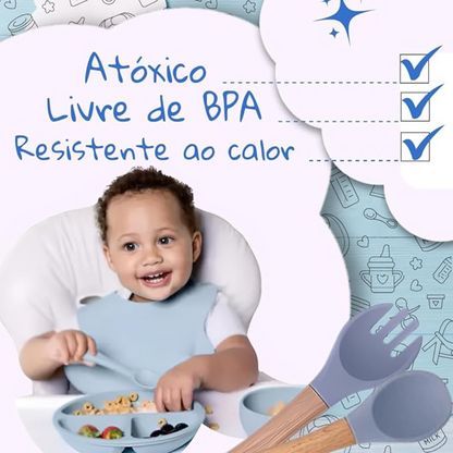 AZUL ESCURO ou CLARO - Jogo Introdução Alimentar Bebê Utensílios em Silicone Premium 8 Pçs BBL-54