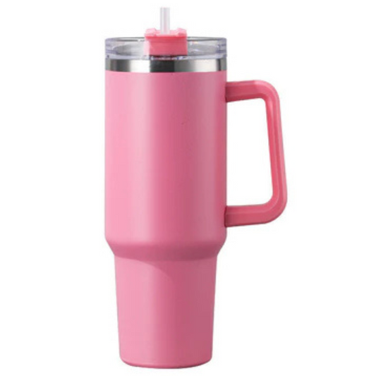 Normal - Copo Caneca (1200 ml) Inox com Alça e Canudo - Rosa