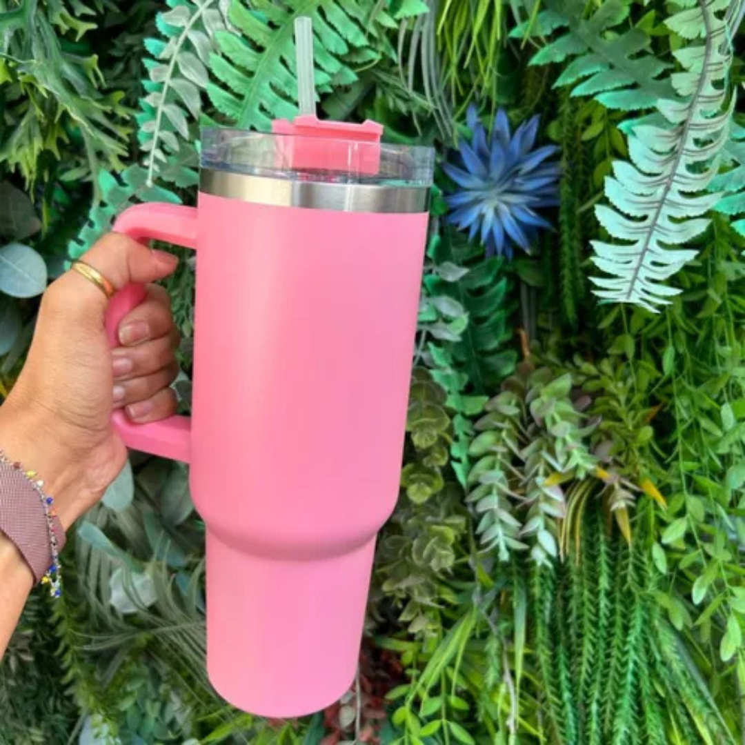 Normal - Copo Caneca (1200 ml) Inox com Alça e Canudo - Rosa