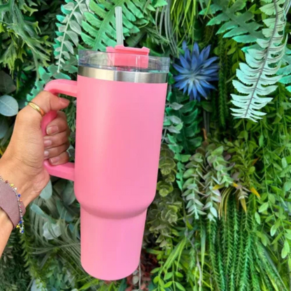 Normal - Copo Caneca (1200 ml) Inox com Alça e Canudo - Rosa