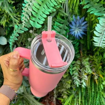 Normal - Copo Caneca (1200 ml) Inox com Alça e Canudo - Rosa