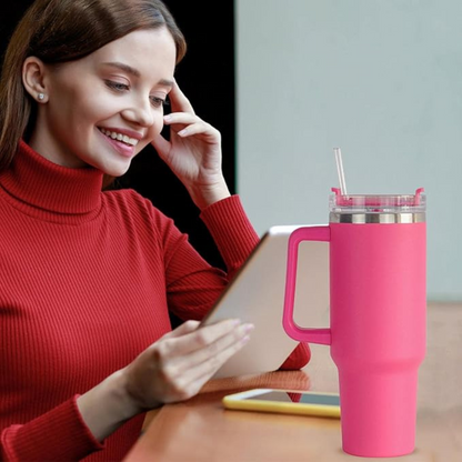 Normal - Copo Caneca (1200 ml) Inox com Alça e Canudo - Rosa