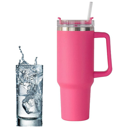Normal - Copo Caneca (1200 ml) Inox com Alça e Canudo - Rosa