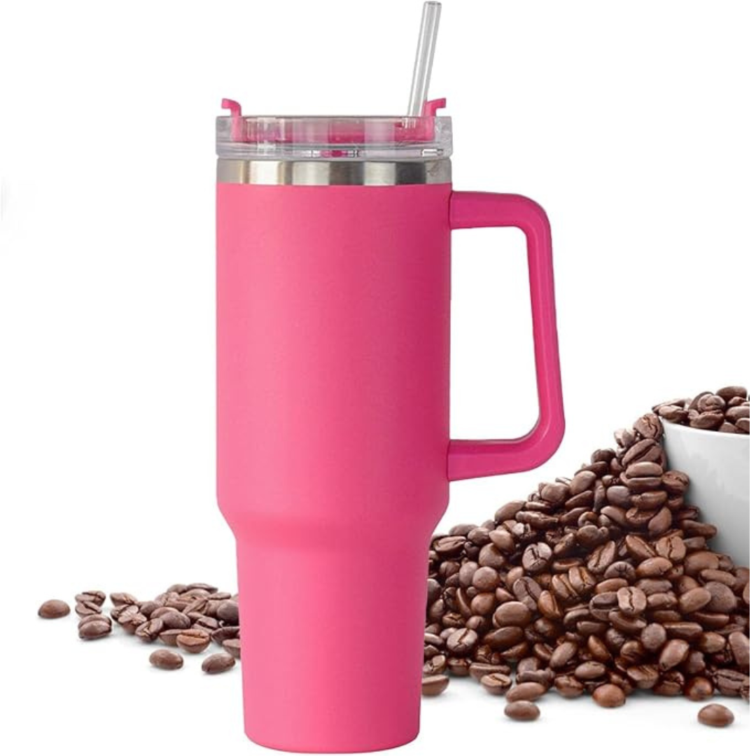 Normal - Copo Caneca (1200 ml) Inox com Alça e Canudo - Rosa
