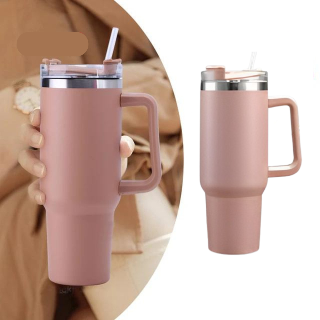Normal - Copo Caneca (1200 ml) Inox com Alça e Canudo - Rosê