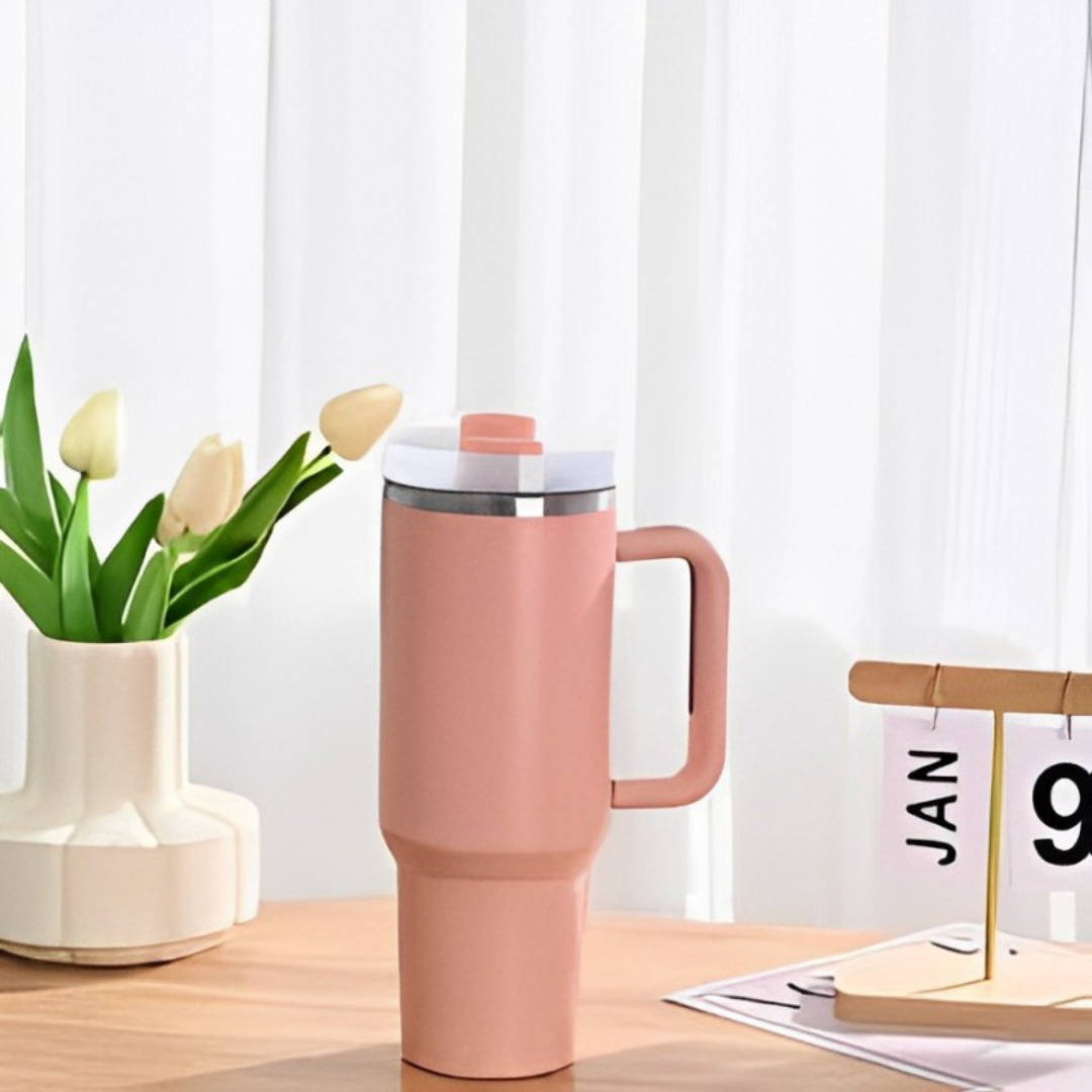 Normal - Copo Caneca (1200 ml) Inox com Alça e Canudo - Rosê
