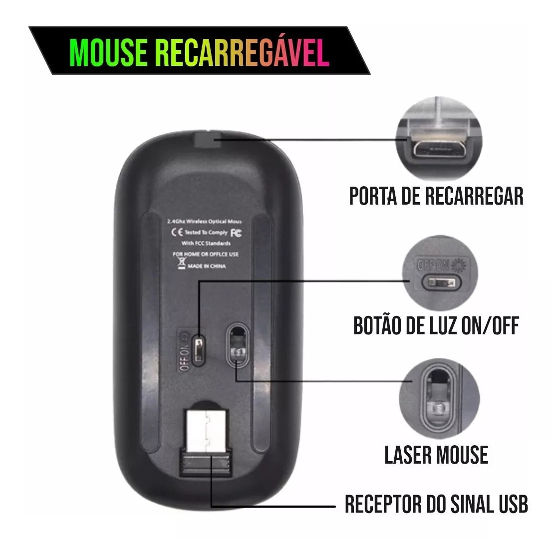 Mouse Recarregável Wireless Bluetooth Led Rgb 2.4ghz 1600 DPI 10 metros Computador Notebook Mac Windows LED