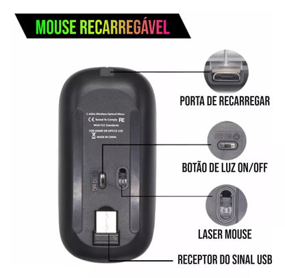 Mouse Recarregável Wireless Bluetooth Led Rgb 2.4ghz 1600 DPI 10 metros Computador Notebook Mac Windows LED