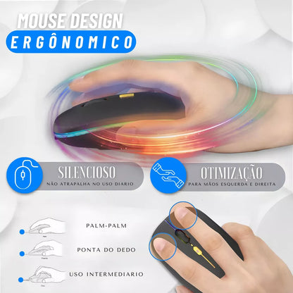 Mouse Recarregável Wireless Bluetooth Led Rgb 2.4ghz 1600 DPI 10 metros Computador Notebook Mac Windows LED