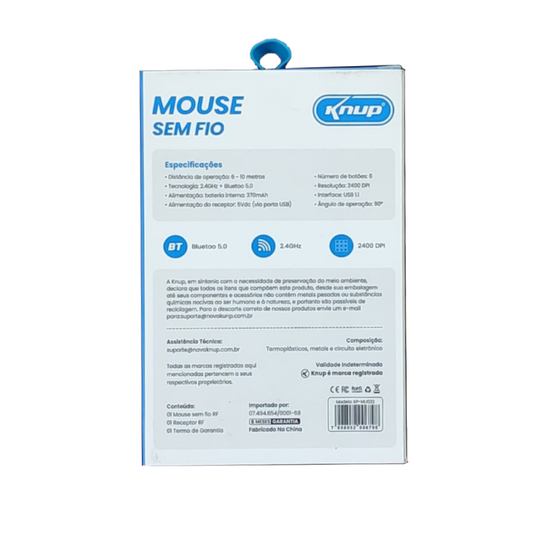 BRANCO - Mouse Sem Fio Bluetooth 5.0 2.4GHz Knup Ergonômico 2400 DPI - KP-MU022