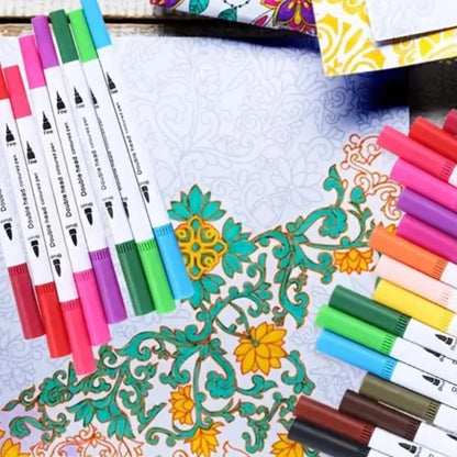 (Transparente) Conjunto de Caneta Colorir Desenhos Ponta Dupla 2 Traços 80 Unidades - Com maletinha