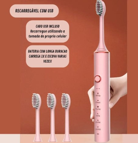 Escova Dental Elétrica Recarregável USB com 6 Modos e 4 Refil IPX7 (Cores Sortidas)