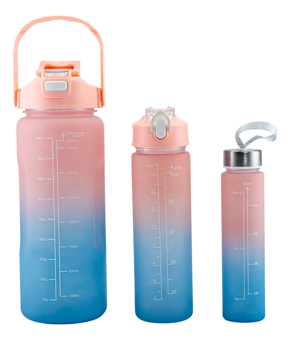 Conjunto de 3 Garrafas Squeeze de Água Frases Motivacionais - Galão 2000ml, 900ml e 300ml - (Cores Sortidas)