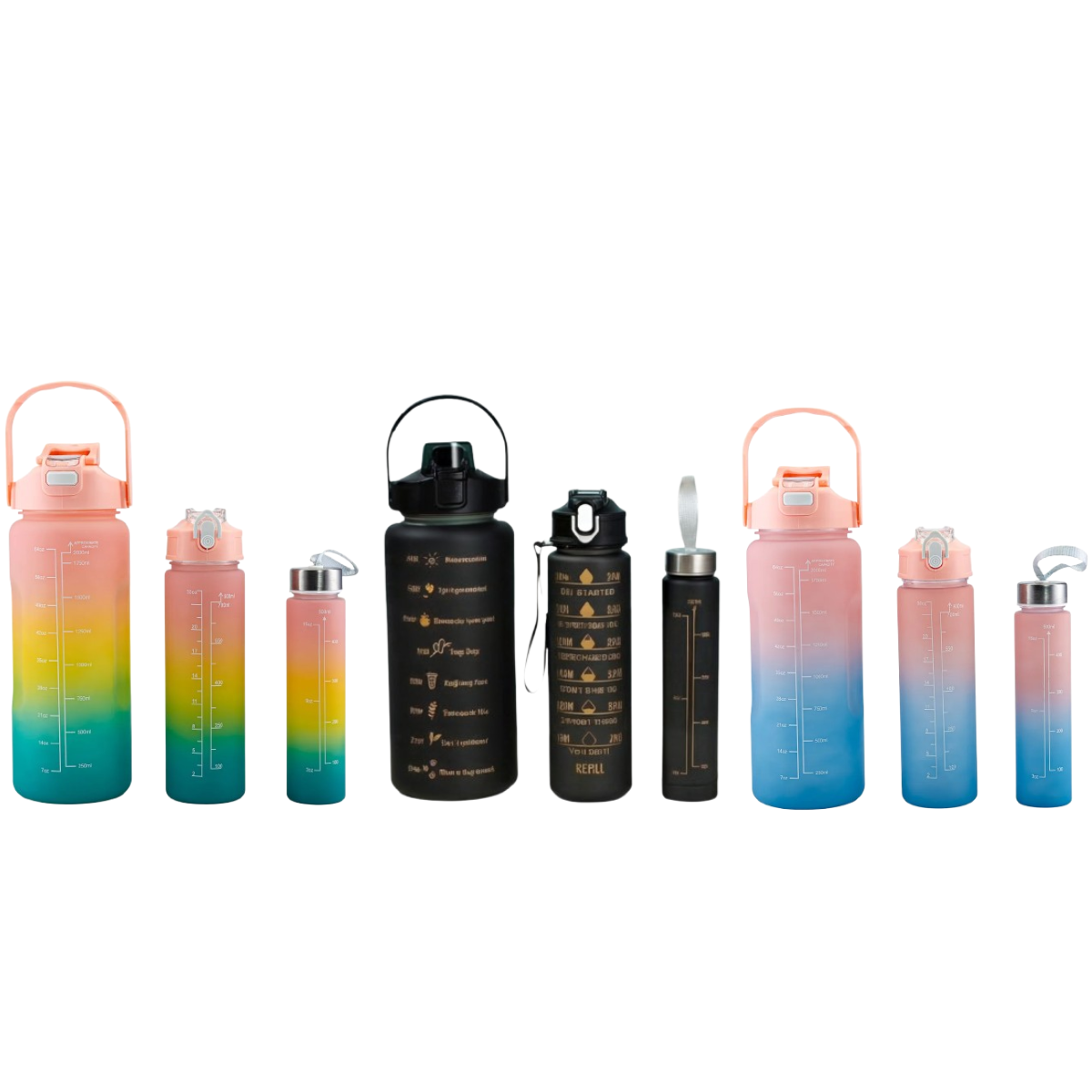Conjunto de 3 Garrafas Squeeze de Água Frases Motivacionais - Galão 2000ml, 900ml e 300ml - (Cores Sortidas)