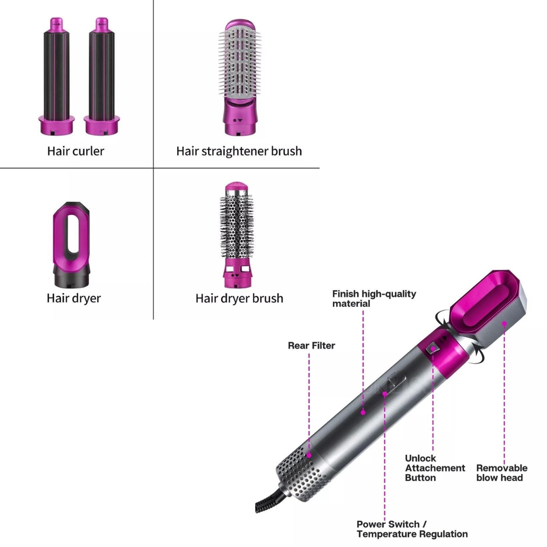 ROSA CLARO/PRATA  - Escova Secador de Cabelo 5 em 1 Multifuncional 110v