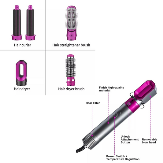ROSA CLARO/PRATA  - Escova Secador de Cabelo 5 em 1 Multifuncional 110v