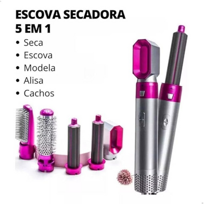 BRANCO/DOURADO - Escova Secador de Cabelo 5 em 1 Multifuncional