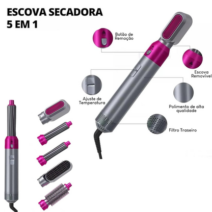 BRANCO/DOURADO - Escova Secador de Cabelo 5 em 1 Multifuncional